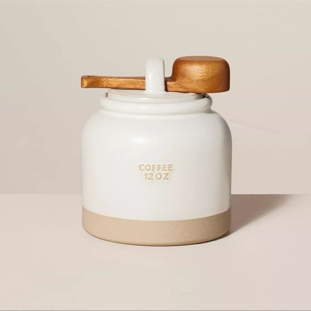 Hearth & Hand White and Tan Coffee Canister with Wooden Scoop